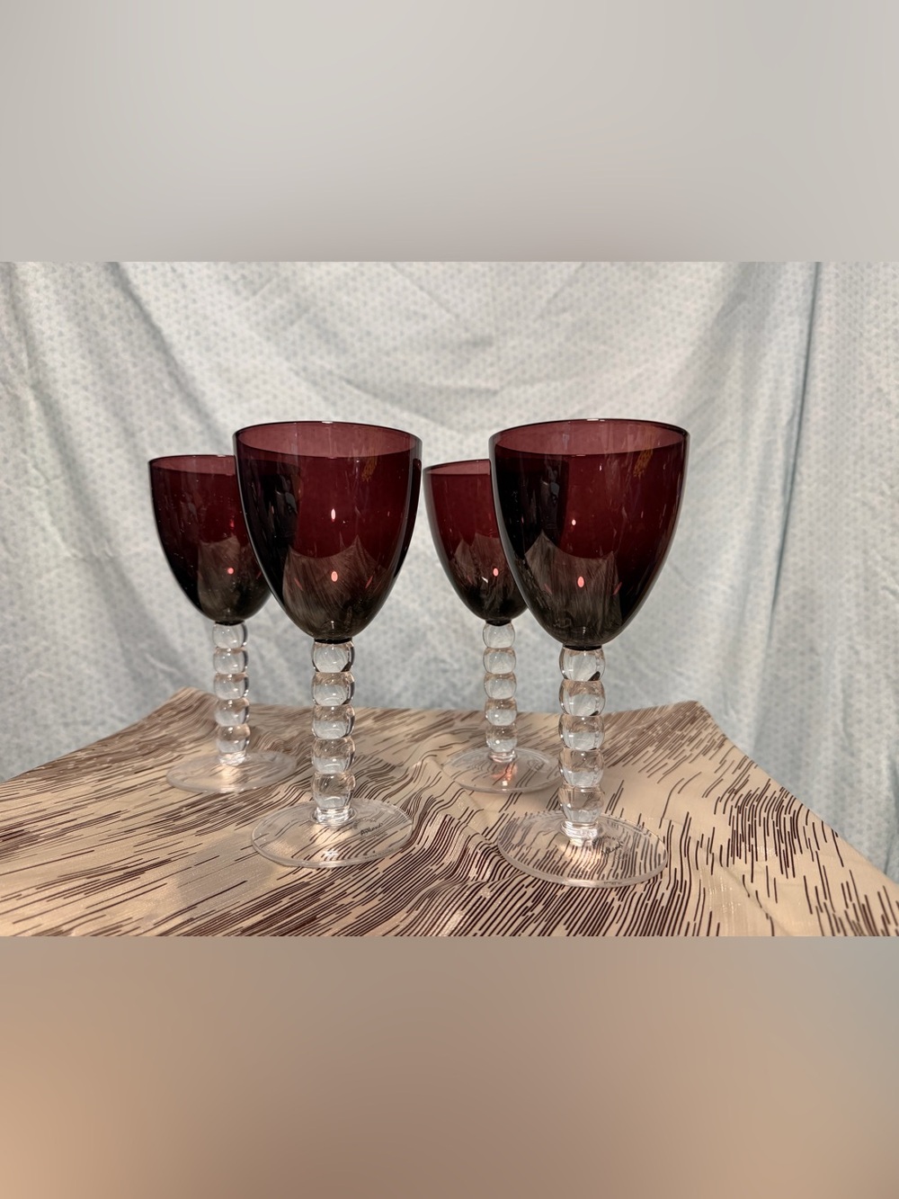 4x Amethyst 12oz Wine Glasses and 4x 8 oz water glasses w/ Clear Bubble Stems